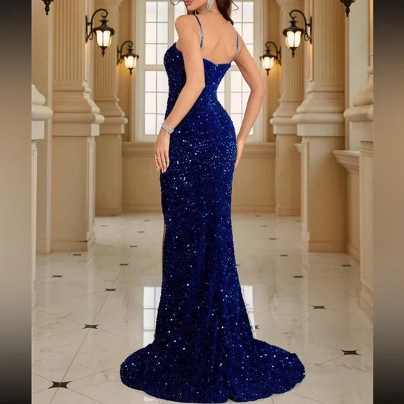 Luxe slit thigh mermaid hem party formal cami sequins dress